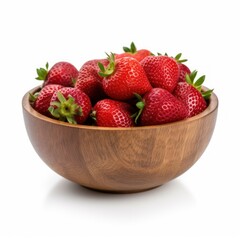 Ripe strawberries in wooden bowl isolated on white