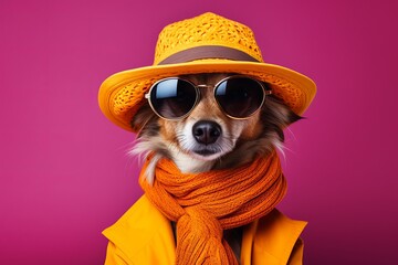 A Stylish Canine in a Yellow Hat, Orange Scarf and Sunglasses. A dog wearing a yellow hat, orange scarf and sunglasses on a bright pink background. - Powered by Adobe