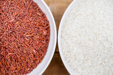 Macro shot of Raw red and white rice grains