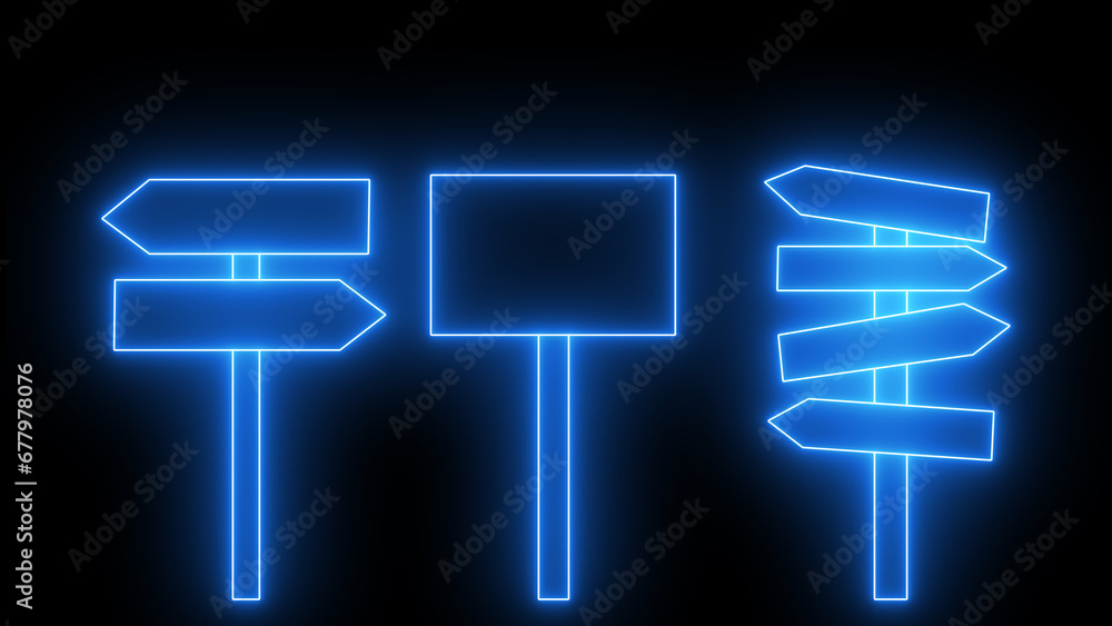 Poster glowing road sign in realistic style isolated on black background. set danger blank warning empty si