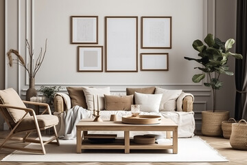 Fototapeta premium modern living room with white sofa and coffee table, decorative wall with posters, carpet on concret floor.