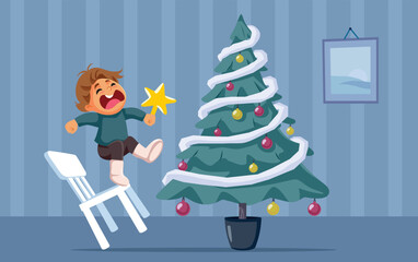 Child Falling When Trying to put the Star Tree Top. Little kid having an accident while trying to decorate for Christmas 
 - obrazy, fototapety, plakaty