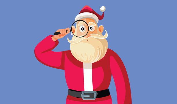 Santa Claus Holding a Magnifying Glass Vector Cartoon illustration. Curious Santa inspecting and spying with magnifier loupe

