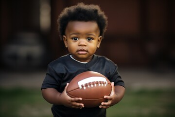 Adorable african american baby boy in the garden with american football ball