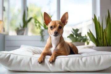 pet dog lies on the sofa cushions in a minimalist Scandinavian light interior - obrazy, fototapety, plakaty