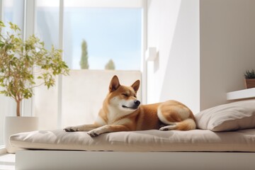 pet dog lies on the sofa cushions in a minimalist Scandinavian light interior
