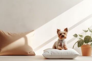 pet dog lies on the sofa cushions in a minimalist Scandinavian light interior - obrazy, fototapety, plakaty