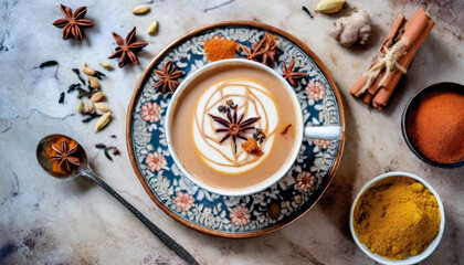 A top-down perspective of an Indian masala chai latte features a rich and spiced blend of black tea, aromatic spices, and steamed milk, providing a comforting and flavorful beverage.