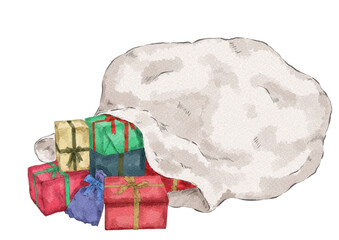袋からこぼれたプレゼントの山のイラスト（水彩風）