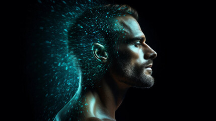 A Side Portrait of a Man With Blue Energy Emerging From His Mind - obrazy, fototapety, plakaty