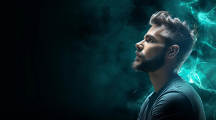A Side Portrait of a Man With Blue Energy Emerging From His Mind