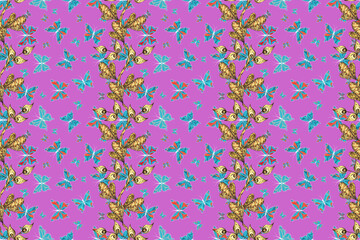Raster. Illustration in yellow, blue and violet colors. Seamless pattern with butterflies. Background for textile, fabric, print and invitation.