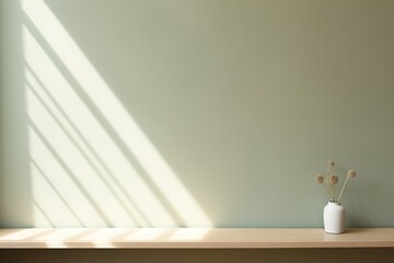 Empty sage green wall for product display with sun shade from window