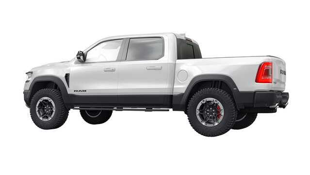 USA, Dallas. November 13, 2023. RAM 1500 TRX 2022. Powerful, sporty white pickup truck for outdoor activities and difficult terrain on a transparent background. 3d rendering.