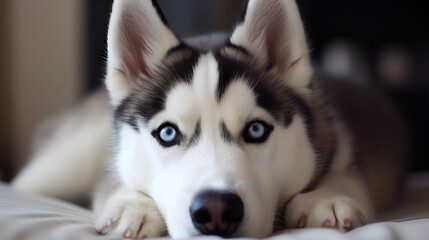 close-up of  husky dog lying on the ground and looking at the camera, background is living room.  - Powered by Adobe