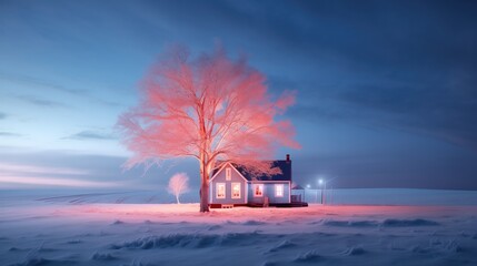 Winter dawn in the snowy fields of the countryside with a house and tree that glow with a magical glow