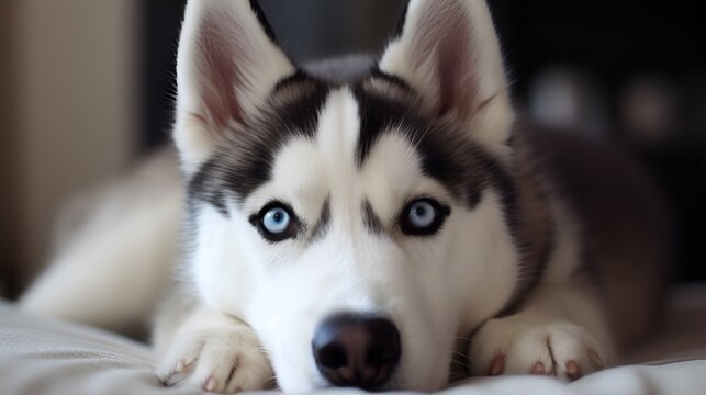 close-up of  husky dog lying on the ground and looking at the camera, background is living room. 