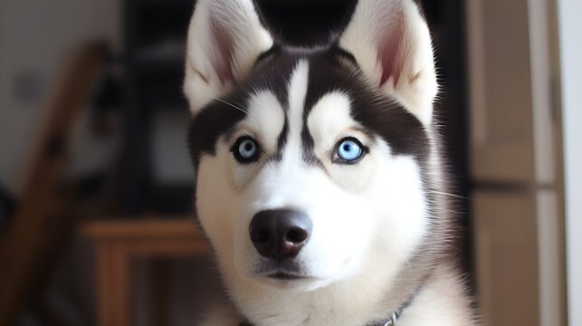 close-up portrait of  husky dog faces to camera, background is living room. 