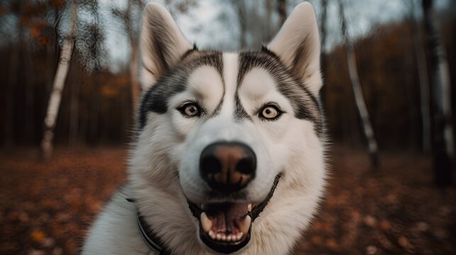 Close up portrait of husky dog with smile face and looking at the camera, background is winter forest. 