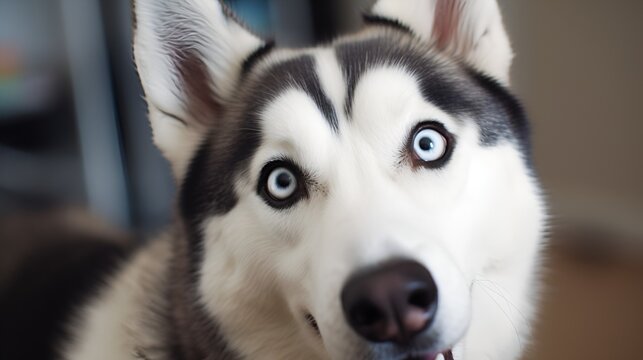 close-up of  husky dog with silly face, staring at the camera, background is living room. 