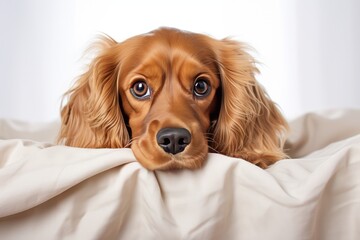 Photo of a charming Cocker Spaniel with expressive eyes on a pure white sheet. Generative AI