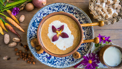 Fototapeta na wymiar A top-down perspective of a Turkish salep captures the warm and comforting beverage made from orchid tubers, milk, and sugar, offering a cozy and aromatic experience.