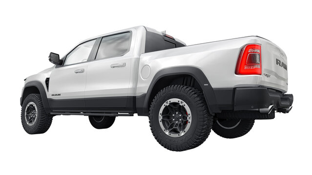 USA, Dallas. November 13, 2023. RAM 1500 TRX 2022. Powerful, sporty white pickup truck for outdoor activities and difficult terrain on a white background. 3d rendering.