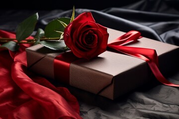 gift box with red ribbon and rose flower on black and red fabric