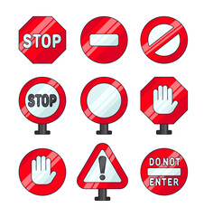 Stop sign, block, prohibited. Road traffic regulatory warning. Vector drawing. Collection of design elements.