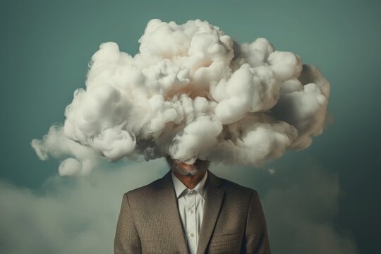 Man with Head in Clouds depicting Thinking Mental Health Problems Daydreaming Contemplating Brainstorming for Ideas Calm Meditating Artistic Creative Concept Art for Advertising Promotional Materials