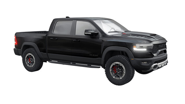 USA, Dallas. November 13, 2023. RAM 1500 TRX 2022. Powerful, sporty black pickup truck for outdoor activities and difficult terrain on a transparent  background. 3d rendering.