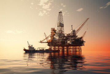 Obraz premium an oil rig is floating at sunset, in the style of light amber and teal,