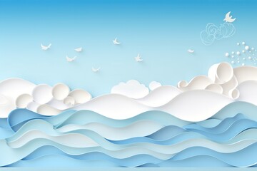 Fototapeta na wymiar Abstract blue sea summer background, paper cut style