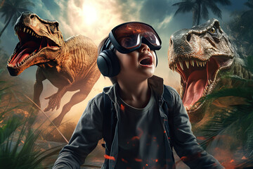 A boy is wearing virtual reality glasses on a background of dinosaurs. - obrazy, fototapety, plakaty