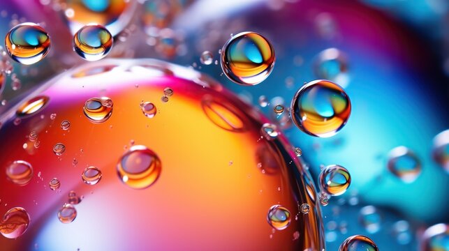 Close-up of transparent white liquid drops, colorful bubbles, and molecules