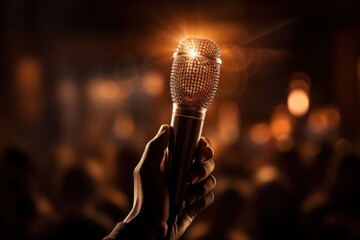 A hand holding a microphone in picture.