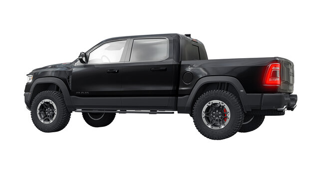 USA, Dallas. November 13, 2023. RAM 1500 TRX 2022. Powerful, sporty black pickup truck for outdoor activities and difficult terrain on a transparent background. 3d rendering.