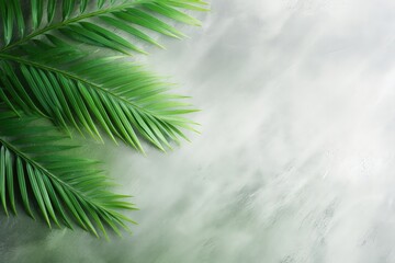 A dynamic and creative backdrop showcasing lush green palm leaves, offering plenty of space for customization to suit your creative content needs. Photorealistic illustration