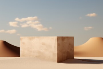 Empty stone podium for product display on a pile of sand with blue sky