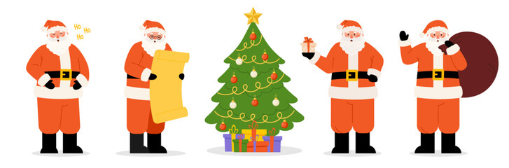 Happy Santa Clauses character with gift bag and Christmas Tree. Vector illustration for holiday design in flat style on white background