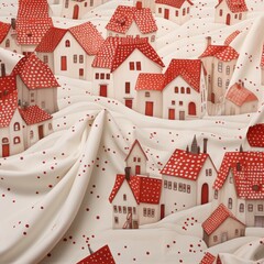 Red polka dot fabric with a red city