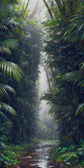 Naklejka premium Amidst the pouring rain, the lush green canopy of the jungle seems to weep, echoing the melancholic mood of a rainy day