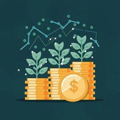 Money growth Saving money. Upper tree coins to shown concept of growing business.