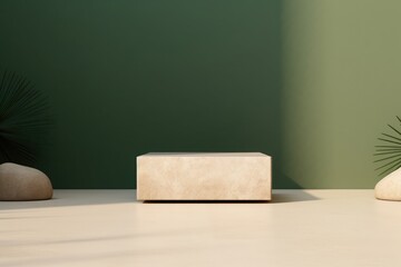 Fototapeta na wymiar Empty stone podium for product display on green wall background
