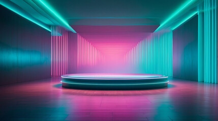 Empty space, neon beams, modern abstract design, light background, turquoise blue, pink colors. Round podium.