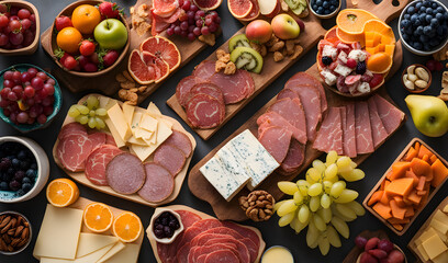 Fototapeta premium Set of different delicious appetizers served. Cheese and charcuterie variety board