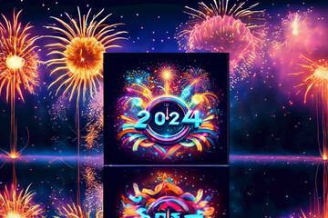 2024, nouvelle année, nouvel an, feu d'artifice avec reflet et un centre avec la mention de l'année 2024. Changement d'année, Nouvel An, Réveillon du Nouvel An - obrazy, fototapety, plakaty