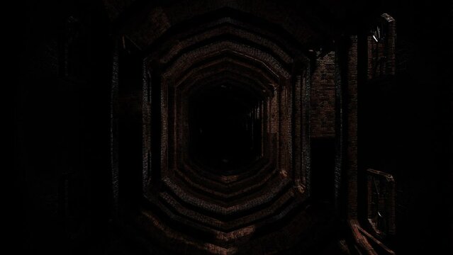 movement through an abstract tunnel made of bricks and columns. Looping animated background. 3d render