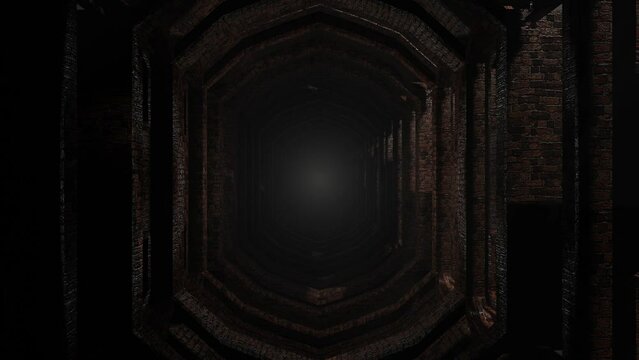 movement through an abstract tunnel made of bricks and columns. Looping animated background. 3d render