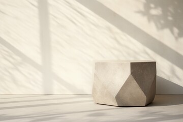Empty stone podium for product display on minimalist wall background with sun shadow